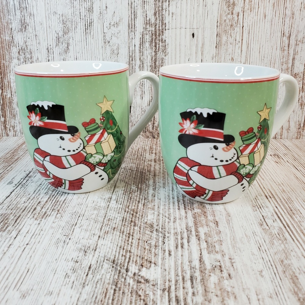 Fitz and Floyd "Top Hat Frosty" Christmas Ceramic Coffee Tea Mugs Cups Set of 2